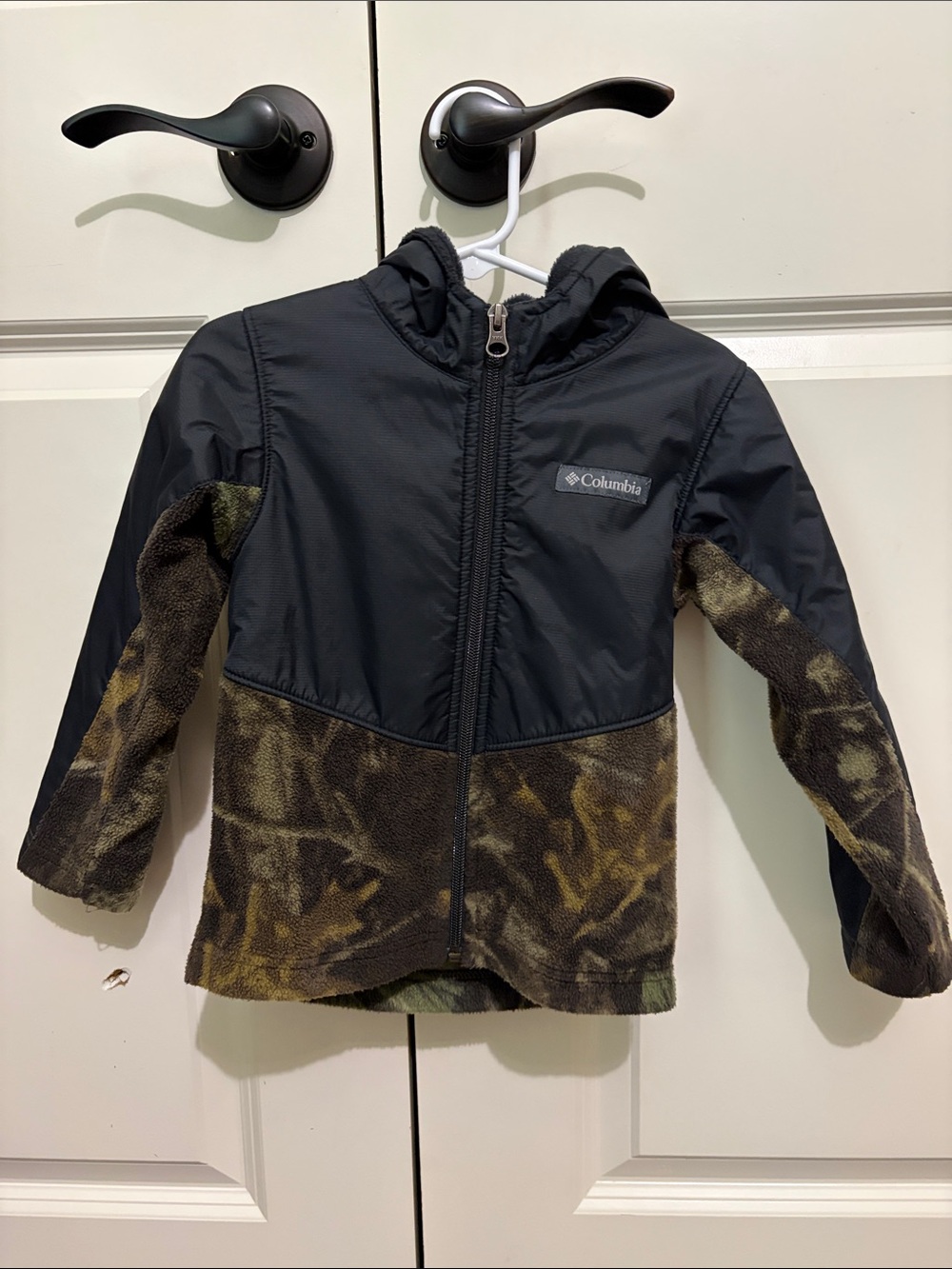 Columbia Black Jacket with Olive Camo Fleece Panels